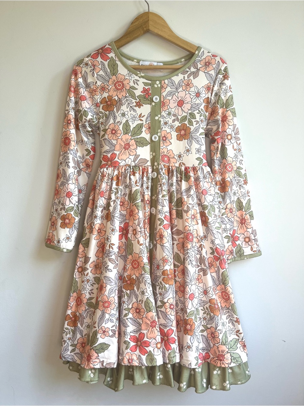 Gorgeous Girls Floral Garden Party Long-Sleeve Button-Front Dress Cream & Green